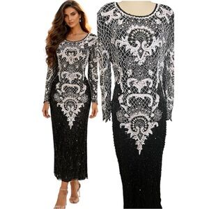 Vintage Y2K Silk Sequin Beaded Long Sleeve Maxi Dress